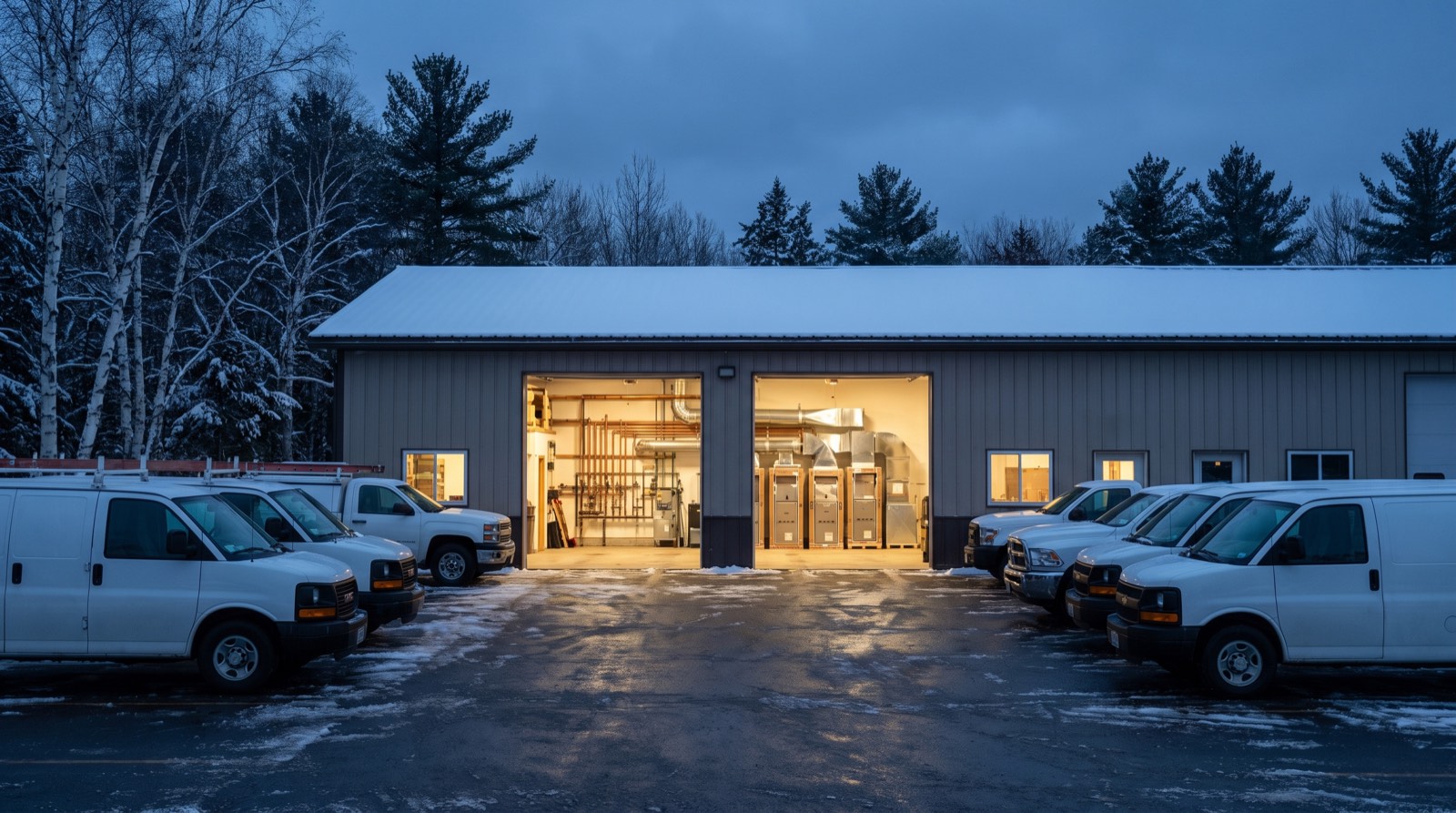 Illustrative image, not the actual property. A well kept plumbing, heating and HVAC service shop in the upper Midwest at blue hour in early winter, bay doors open and lit from inside, a fleet of clean unmarked service vans and pickup trucks parked on lightly snow dusted asphalt, with birch and pine trees behind