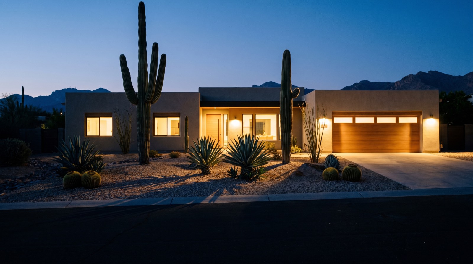 Illustrative image, not the actual property. A renovated single-story desert home with lit windows and gravel landscaping at dusk