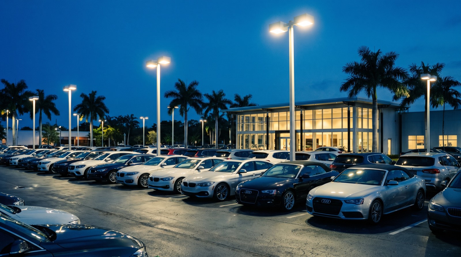 Illustrative image, not the actual property. Rows of polished cars on a dealership lot under bright lights in Miami at dusk