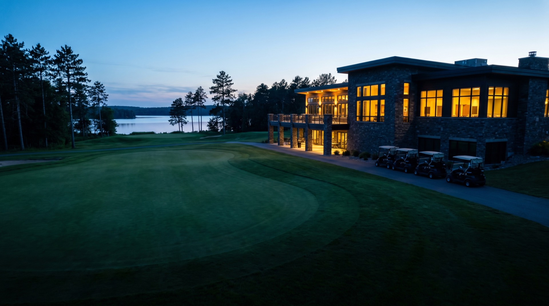Illustrative image, not the actual property. A manicured golf fairway leading to a large clubhouse with lit windows beside a lake at dusk