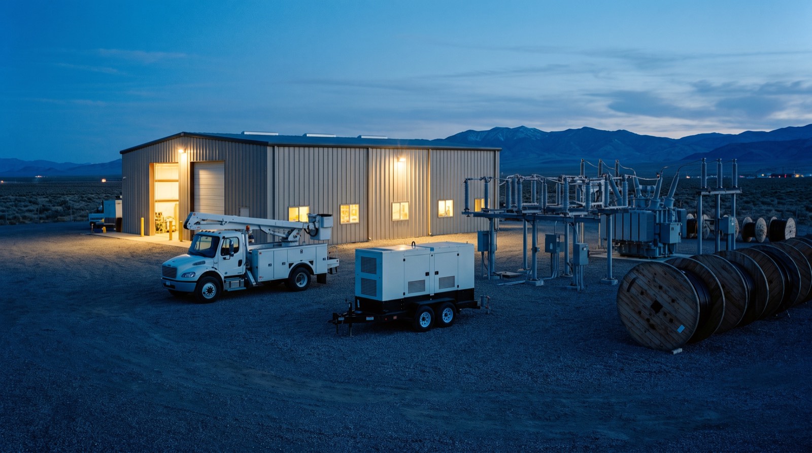Illustrative image, not the actual property. A service bucket truck and temporary power generator outside a steel shop building in the desert at dusk