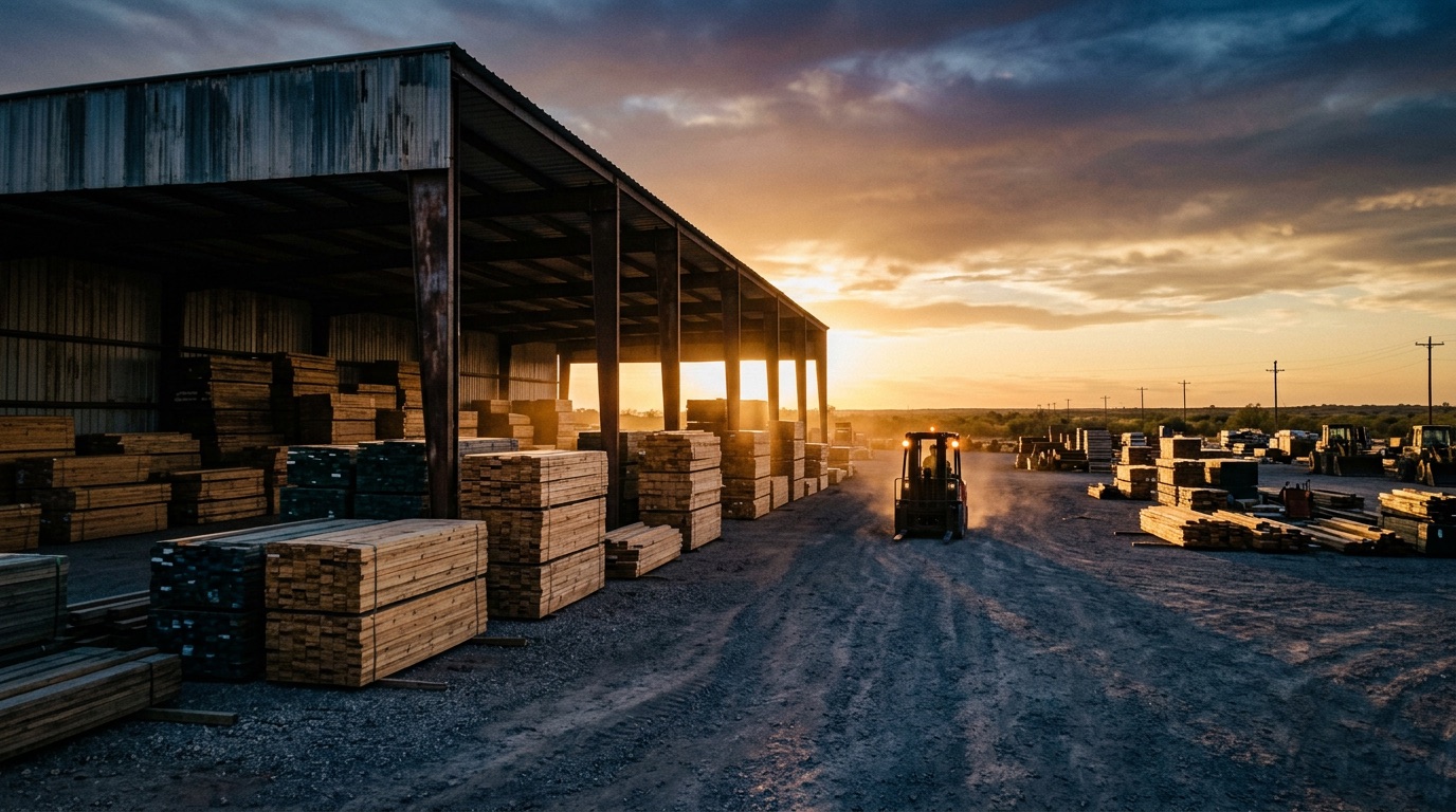 Illustrative image, not the actual property. Lumber and building materials stacked under an open steel canopy at a West Texas supply yard at sunset